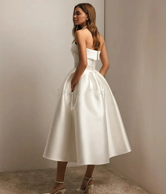 Sexy Elegant A-line Satin Wedding Dresses Mid-calf Sleeveless Bridal Gown Backless Formal Bridal Gowns vestidos de novia