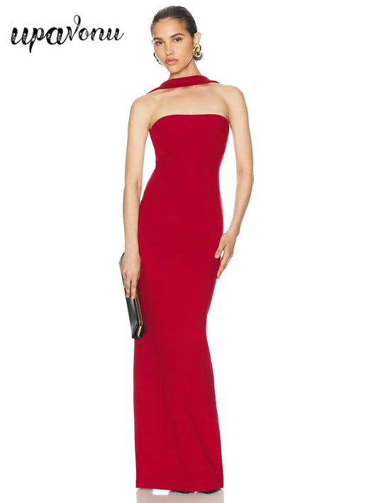 2024 2024 Winter Dress Sexy Women's Long Bandage Dress Hanging Neck Sleeveless Bodycon Backless Dresses Party Christmas Vestidos