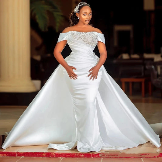 Elegant Mermaid Wedding Dress 2026 Detachable Train Off the Shoulder Beadings Pearls Sleeveless Satin Bride Bridal Gowns African
