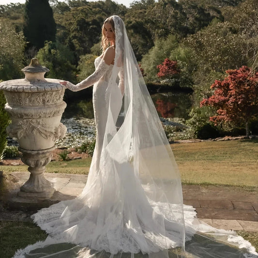 Elegant Mermaid Wedding Dresses Strapless Long Sleeve Lace Embroidery Bride Dress Bridal Gowns Court Train Vestido De Novia