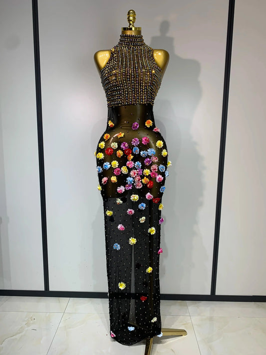 Luxury Rhinestones Flowers Sexy See Through Long Dress Elegant Evening Party Birthday Wedding Guest Dress Club Stage Outfit black