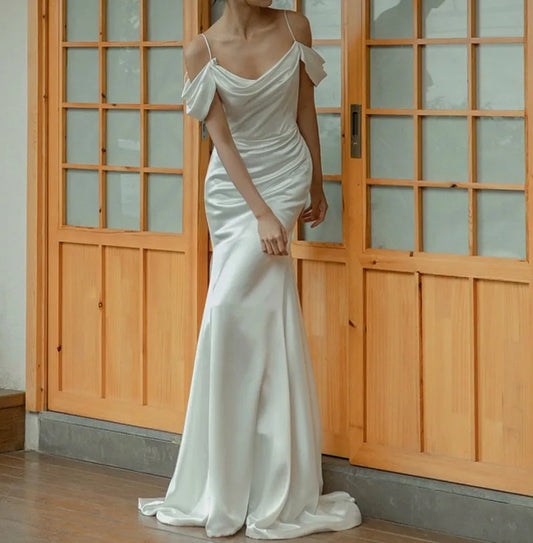 Simple Mermaid Wedding Dress off the Shoulder Straps Pleats Long Satin Princess Bridal Gowns Boho Garden Vestidos De Noiva