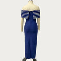 New Blue Color Women Sexy Slash Neck Off the Shoulder Shinning Crystal Bodycon Long Bandage Dress Elegant Evening Party Outfit