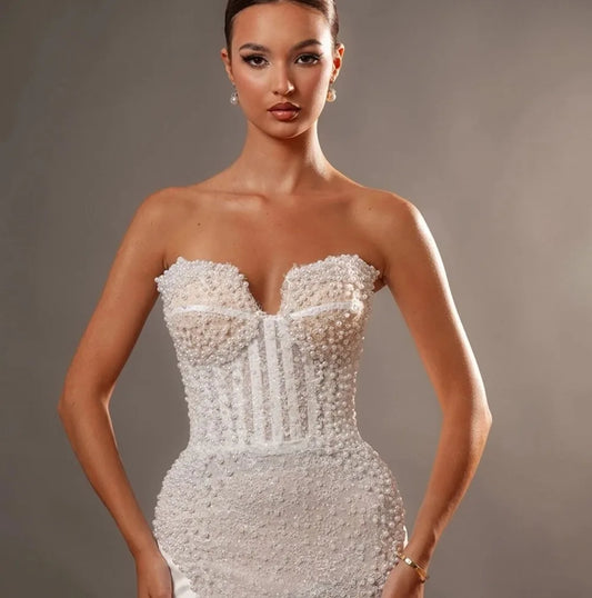 Luxury Lace Mermaid Wedding Dress Strapless Embroidery Pearls Beads Bridal Dresses Bride Party Gown vestidos de novia