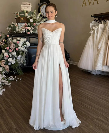 Classic A-line Wedding Dress With Warp Sweetheart Pleats Silt Chiffon Long Princess Bridal Party Gowns Vestidos De Noiva