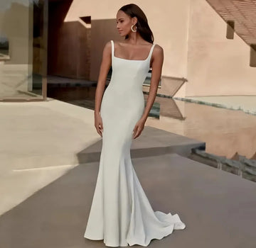Simple Mermaid Wedding Dresses Straps Square Neck Backless Soft Satin Court Train Bride Dress Bridal Gowns Sweep Train Vestidos