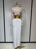 Women Long Sleeve Sexy Beading Tops Two Pieces Set Bodycon Long Bandage Dress Luxury Birthday Evening Party Wedding Guest Gowns Beige