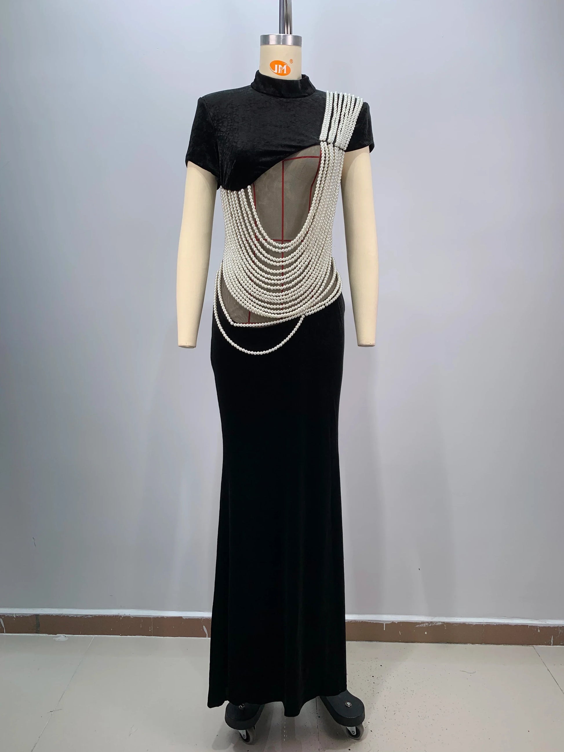 2024 New Celebrity Red Carpet Dress Women Sexy Short Sleeve Pearl Beading Bodycon Long Dress Evening Party Prom Outfit Vestido