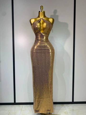 Luxury Sexy Backless Halter Gold Glitter Sequins Maxi Long Dress Elegant Sparkly Evening Party Club Dress Wedding Guest Gown Gold