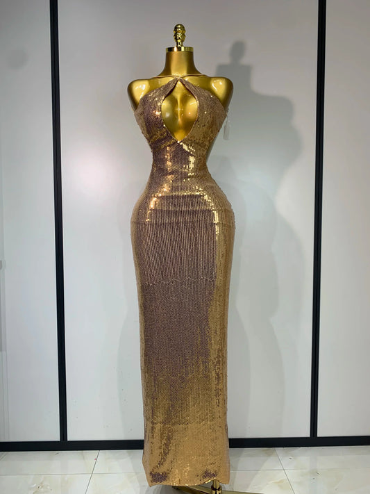 Luxury Sexy Backless Halter Gold Glitter Sequins Maxi Long Dress Elegant Sparkly Evening Party Club Dress Wedding Guest Gown Gold