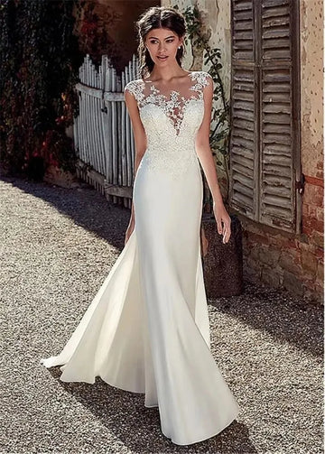 Sexy Beach Wedding Dresses 2026 Sheer Neck Lace Appliques Satin Mermaid Bride Dress Bridal Gowns Boho Vestido De Noiva