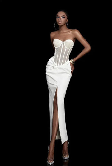 New Summer Women Sexy Strapless Laced-up Bodycon Long Dress Celebrate Evening Party Birthday Girls' Vacation Outfit Vestido WHITE