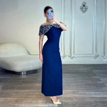 New Blue Color Women Sexy Slash Neck Off the Shoulder Shinning Crystal Bodycon Long Bandage Dress Elegant Evening Party Outfit