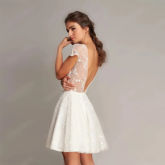 New Short Wedding Dress A Line Scoop Neck Cap Sleeve Sexy Backless Bridal Party Gowns Satin Floral Lace Vestidos De N