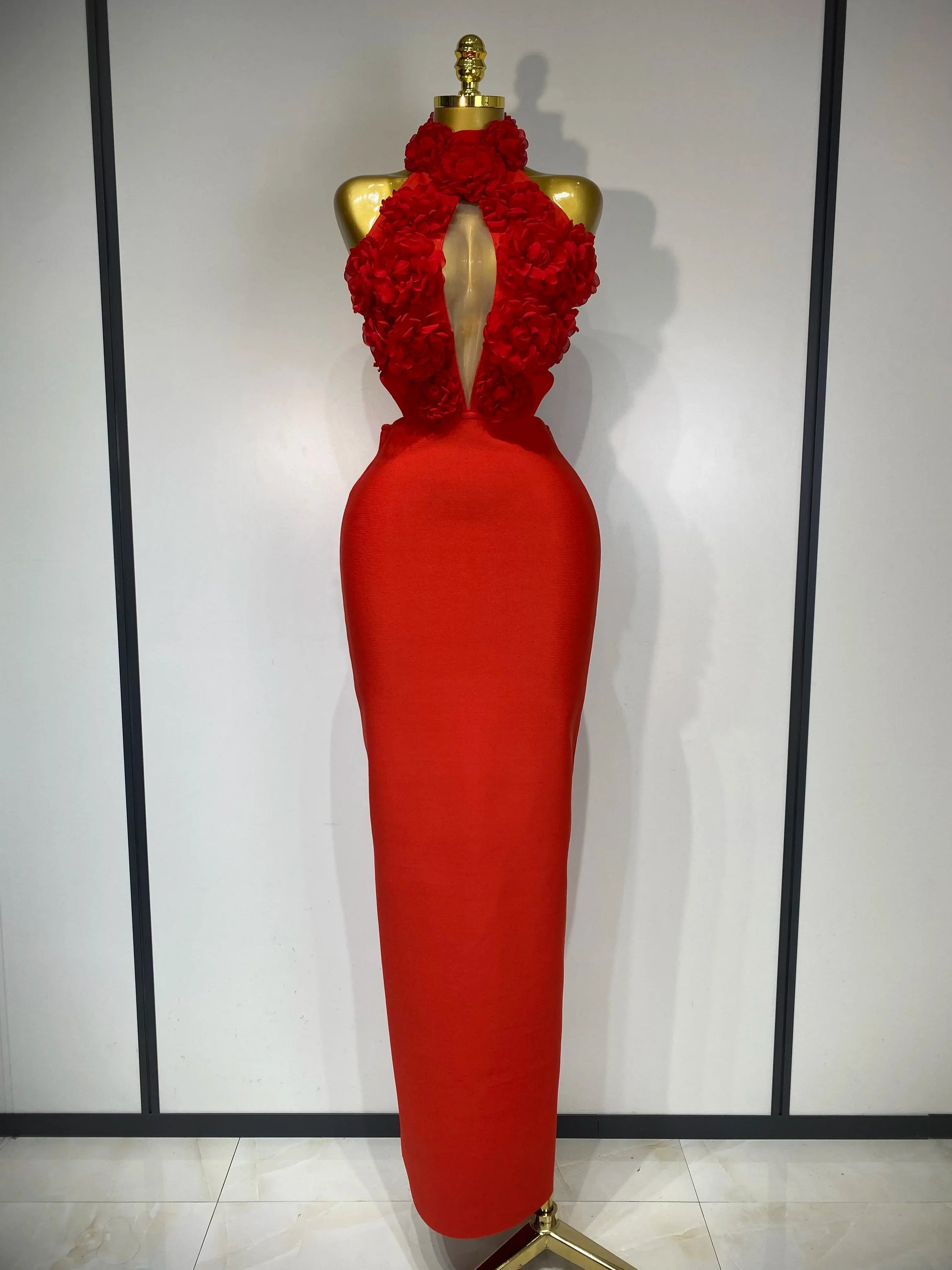 Women Sexy Halter Hollow Out Flowers Bodycon Bandage Dress Red Backless Celebirty Elegant Party Luxury Birthday Wedding Dresses Red