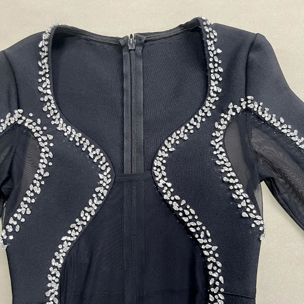 2024 Autumn Women's Light Luxury Diamond Mesh Patchwork Bandage Dress Long Sleeve Bodycon Tail Dresses Evening Party Vestidos