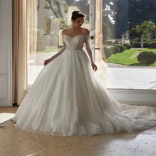 2026 Beads Sequined Wedding Dress Sheer Neck Long Sleeves Pearls A-line Bridal Gown Fashion Robe De Mariage for Bride