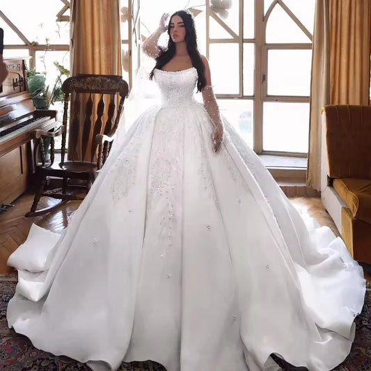 Luxury Beading Pearls Ball Gown Wedding Dress Lace Off Shoulder Strapless Princess Bridal Gowns Arabic Dubai Vestidos De Noiva