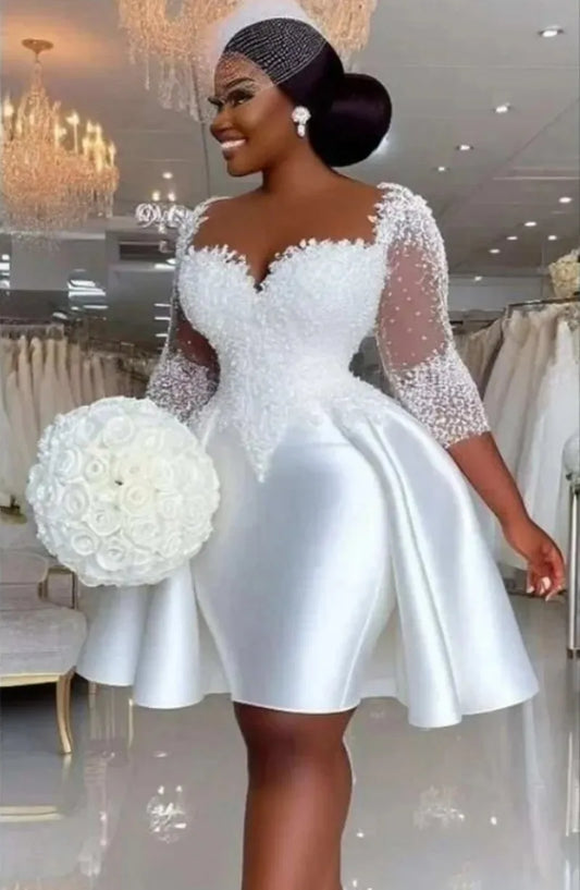 New Short Wedding Dress 2026 Sheer Neck Half Sleeves Lace Appliques Pearls Satin Bridal Bride Gown vestidos de novia