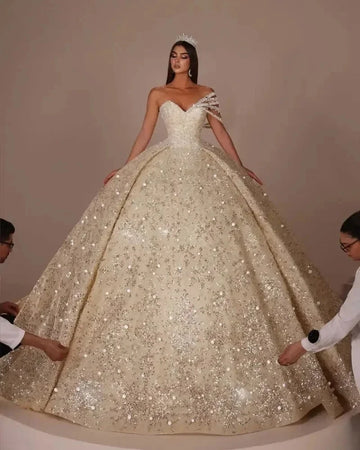 Luxury Ball Gown Wedding Dress Sequins Beaded Bridal Dresses Church Bride Gown Arabic Dubai vestidos de novia