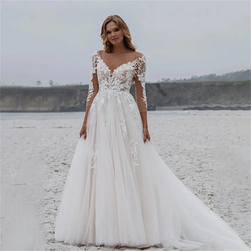 Classic A-line Wedding Dress V-neck Sleeves Lace Appliques Backless Tulle Princess Bridal Gowns Boho Garden Vestidos De Noiva