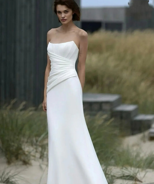 Elegant Mermaid Wedding Dress 2026 Strapless Pleat Sweep Train Satin Woman Bride Gowns Vestidos Robe Mariage