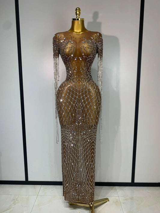 Luxury Sparkly Rhinestones Tassel Transparent Mesh Stretch Long Dress Women Evening Celebrate Birthday Dress Sexy Stage Costumes Dark Brown