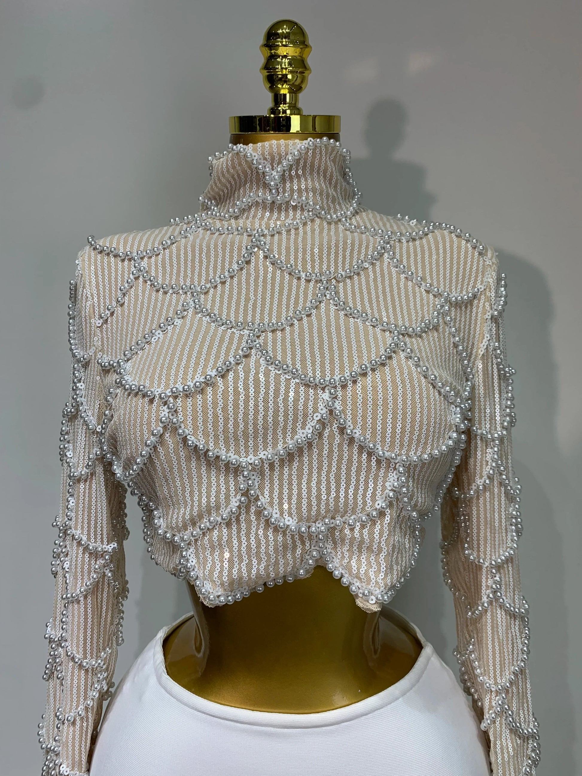 Women Long Sleeve Sexy Beading Tops Two Pieces Set Bodycon Long Bandage Dress Luxury Birthday Evening Party Wedding Guest Gowns