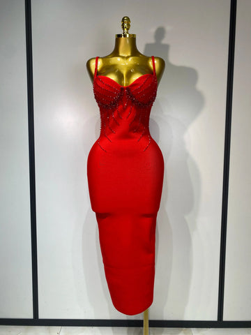 Women Sexy Backless Beading V Neck Bodycon Bandage Dress Club Party Celebrity Elegant Luxury Birthday Dresses Wedding Guest Gown Red