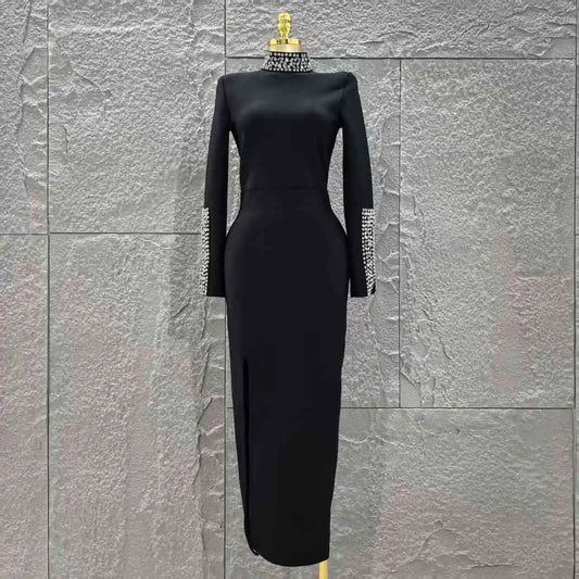 Top Quality Women Long Sleeve Sparkly Crystal Bodycon Long Bandage Dress Elegant Evening Party Cocktail Fashion Outfit black