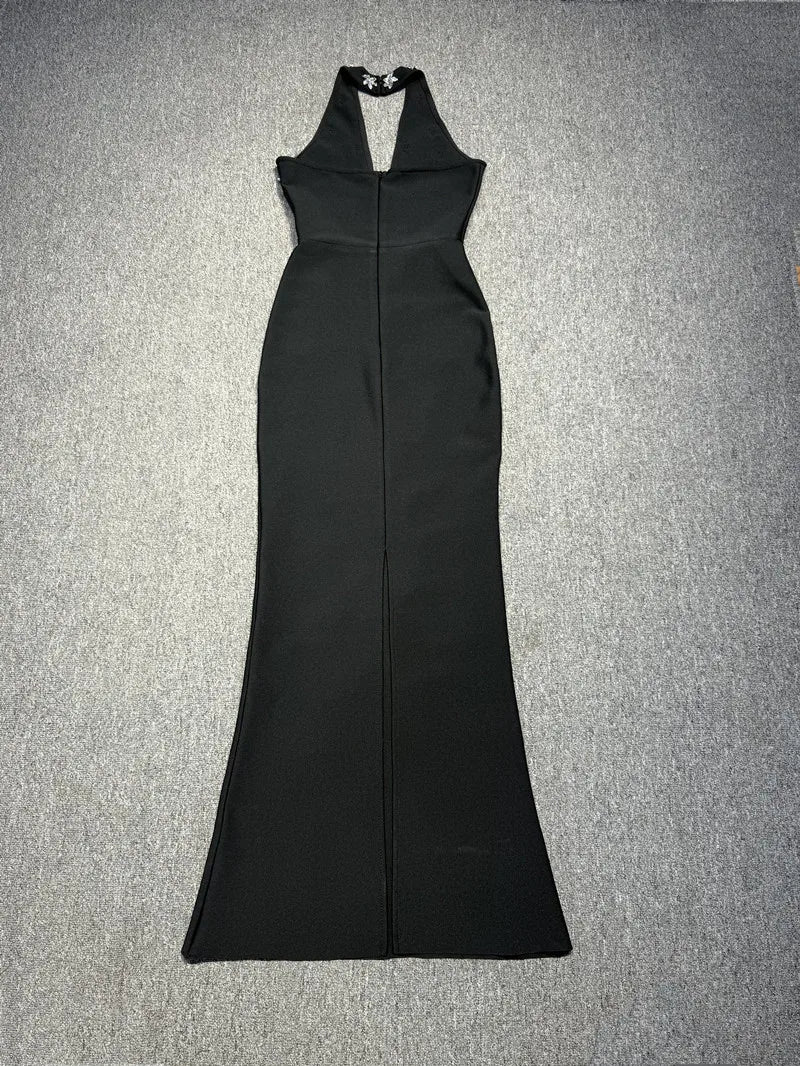 High Quality Women Sleeveless Sexy Halter Off the Shoulder Shinning Crystal Bodycon Long Bandage Dress Celebrate Evening Outfit