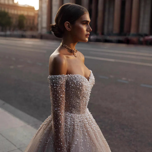 Luxury Champagen Wedding Dress Off the Shoulder Long Sleeves Pearls Beads Sweep Train Bridal Bride Gown Women vestidos de novia