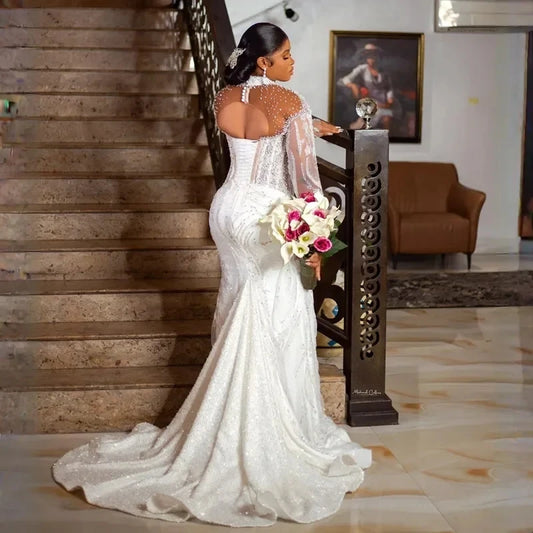 Plus Size Aso Ebi Mermaid Wedding Dress 2026 High Neck African Black Women Lace Illusion Long Sleeves Bridal Dresses Bride Gown