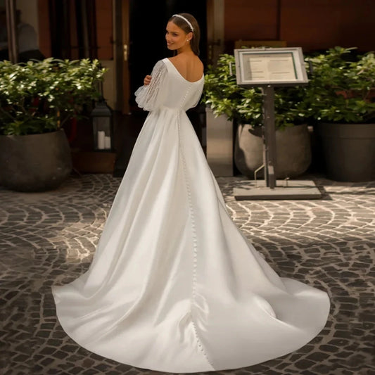 Romantic Satin Wedding Dresses 2026 Puffed Sleeves V Neck Beading Lace A Line Bride Dress Bridal Gowns Vestidos De Noiva