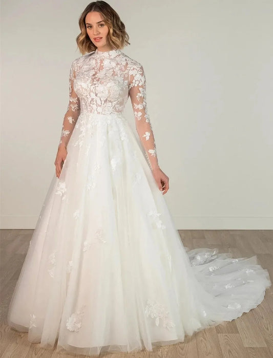Elegant A-line Lace Wedding Dress 2026 High Neck Lace Flowers Appliques Tulle Backless Bride Bridal Gowns Vestidos De Noiva
