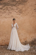 Elegant A-Line Wedding Dresses Deep V Neck Long Sleeves Bridals Party Gowns with Train Brides Evening Dresses for Women