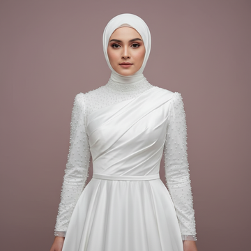 Exquisite Satin Muslim Wedding Dress With Pearls High Neck Long Sleeve Hijab Bridal Dress Elegant Vestidos De Novia WHITE