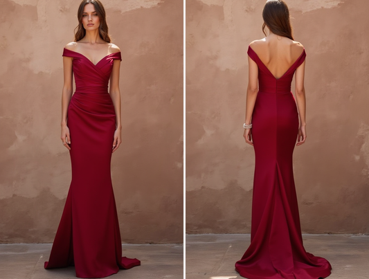 Elegant Red Evening Dress & Prom Gown with Beaded Bodice and Flowing Train