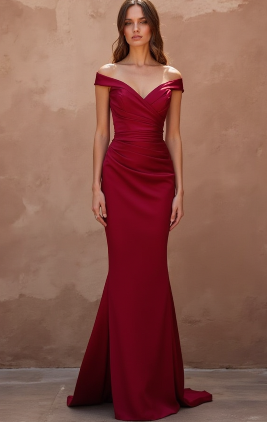 Elegant Red Evening Dress & Prom Gown with Beaded Bodice and Flowing Train